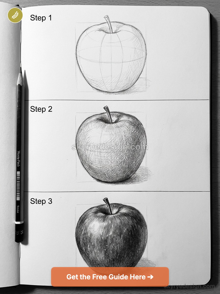 tutorial-apple 1 Three-step pencil drawing tutorial showing apple sketch progression in a sketchbook with pencil and shading | Sky Rye Design Three-step pencil drawing tutorial showing apple sketch progression in a sketchbook with pencil and shading