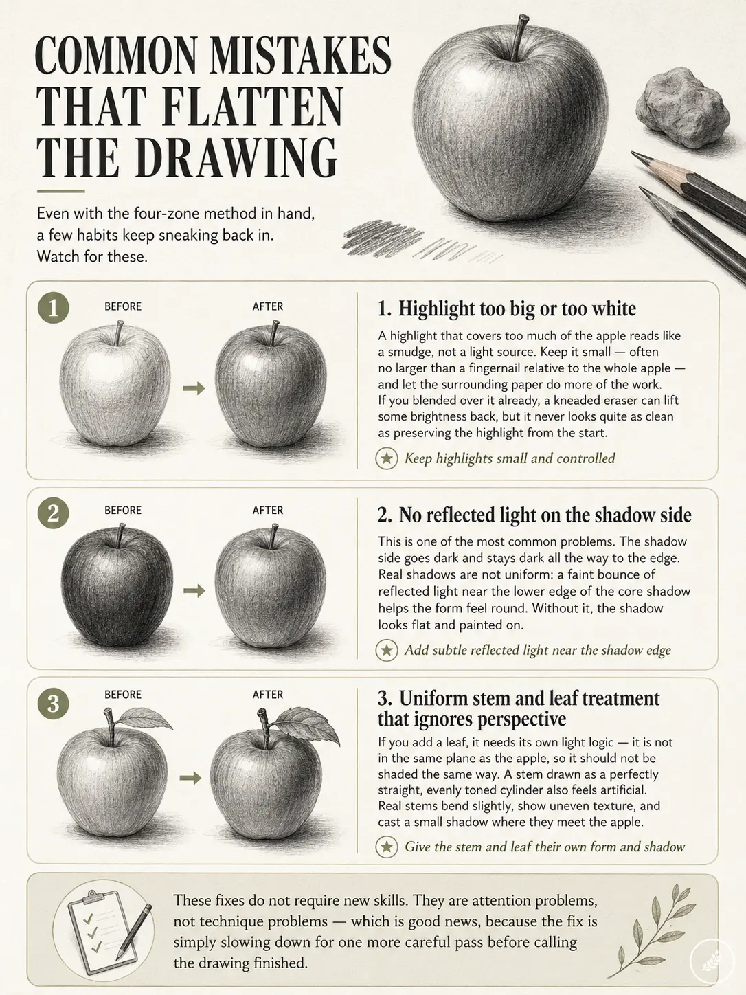 2c59ee90-0d8d-4f3e-a9b7-81524a0de71e Infographic of pencil apple drawings: before/after fixes to avoid flattening: highlights, reflected light, stem/leaf shading. | Sky Rye Design Infographic of pencil apple drawings: before/after fixes to avoid flattening: highlights, reflected light, stem/leaf shading.