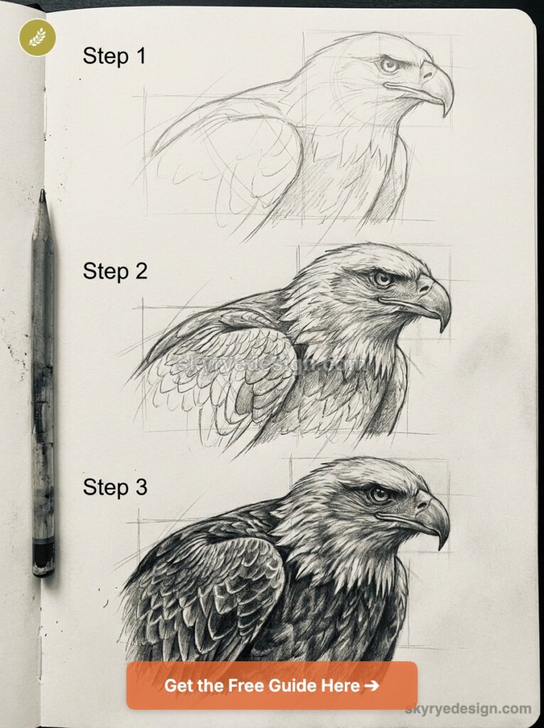 tutorial--eagle Three-panel pencil drawing of a bald eagle in progress: Step 1 outline, Step 2 feather detail and shading, Step 3 fully shaded head and chest on a notebook page with a pencil nearby. | Sky Rye Design Three-stage pencil sketch tutorial of an eagle head and shoulder on a sketchbook page, with a pencil.