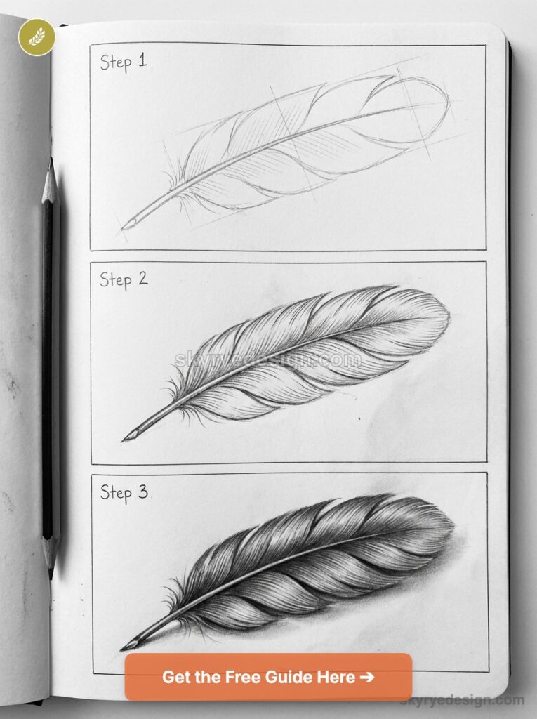 tutorial-feather- Step-by-step how to draw a feather pencil sketch tutorial showing three stages from rough outline to detailed shaded feather | Sky Rye Design Step-by-step how to draw a feather pencil sketch tutorial showing three stages from rough outline to detailed shaded feather