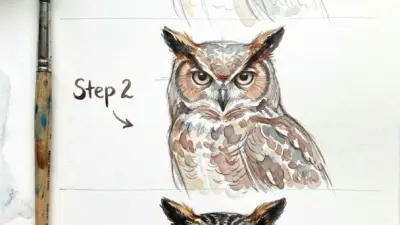 Watercolor owl painting tutorial: step 1 sketch, step 2 midtones, step 3 final realistic owl with brush