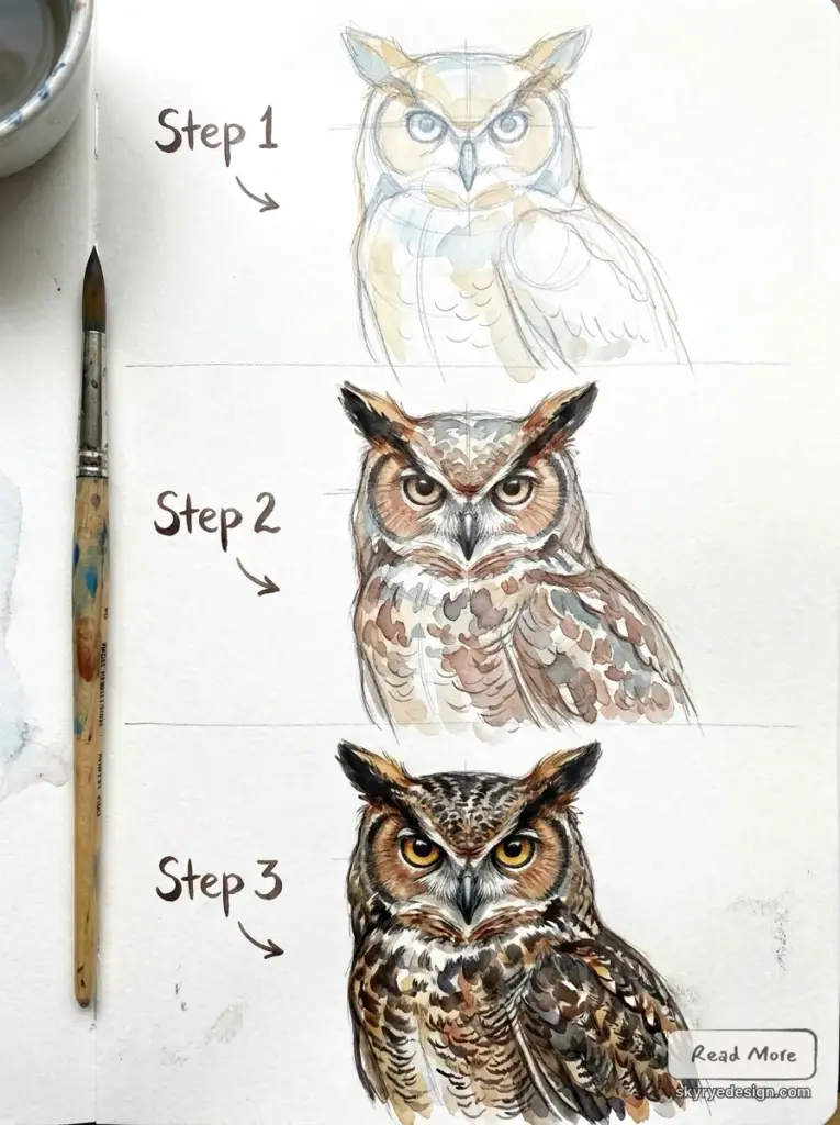 Watercolor owl painting tutorial: step 1 sketch, step 2 midtones, step 3 final realistic owl with brush