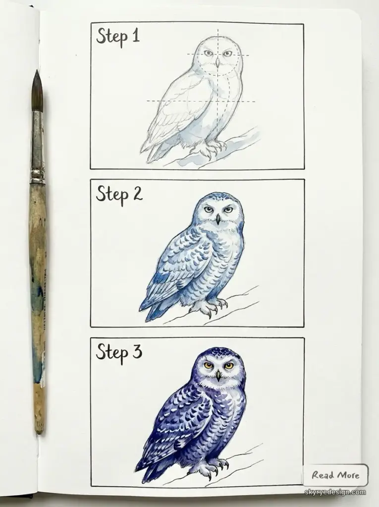 Step-by-step watercolor owl drawing tutorial in sketchbook: pencil sketch, blue shading, finished owl with brush