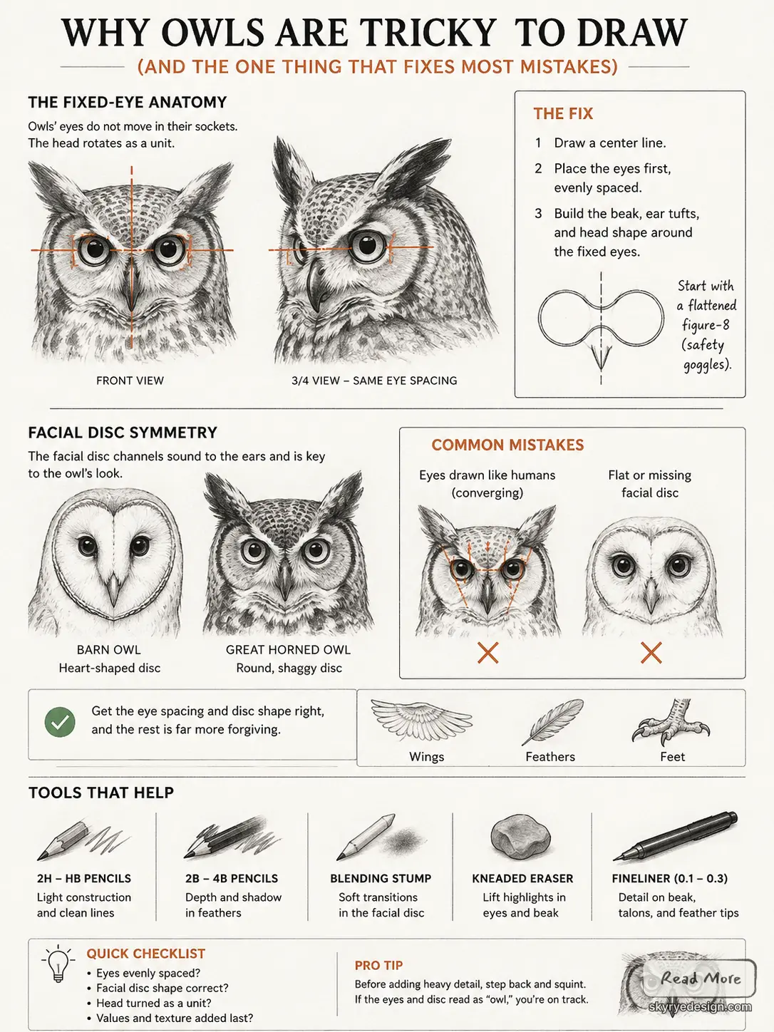 Why Owls Are Tricky to Draw infographic: eye spacing, facial-disc symmetry, common mistakes, drawing tools.