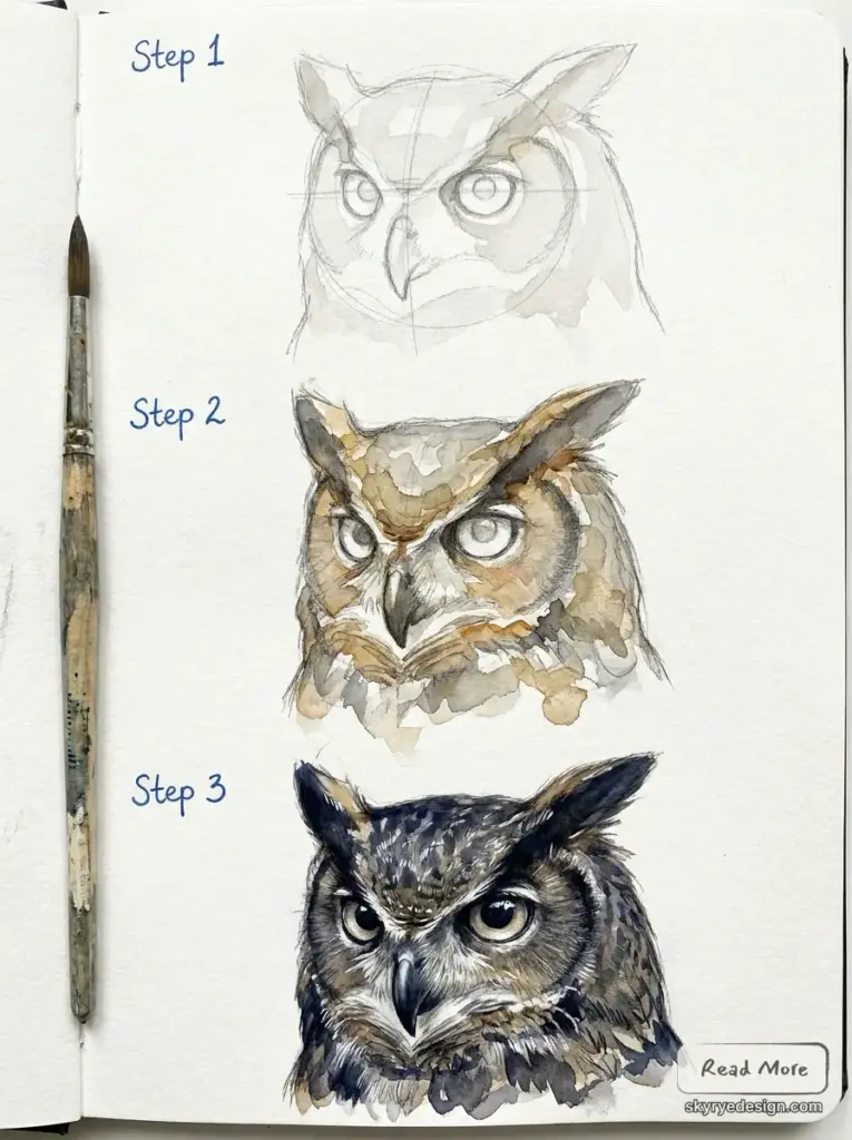 Step-by-step watercolor owl tutorial showing pencil sketch, wash, and detailed finished owl with paintbrush