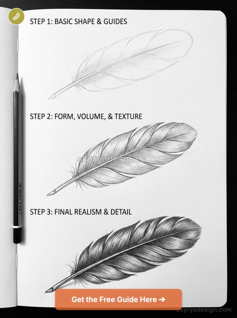 Step-by-step pencil feather drawing tutorial: basic shape, form & texture, and final realistic detail.