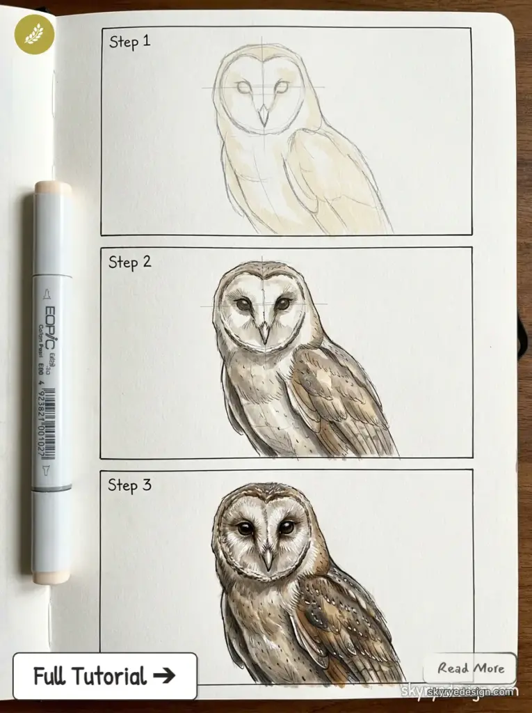 Step-by-step barn owl drawing: pencil sketch, mid-tone inked shading, and final detailed colored marker illustration