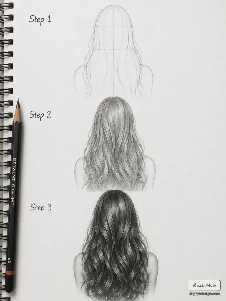 bab47de3-0fac-43bc-9621-b7ae2299d140 Three-step pencil drawing tutorial of long wavy hair from back view in a sketchbook, realistic shading and highlights. | Sky Rye Design Three-step pencil drawing tutorial of long wavy hair from back view in a sketchbook, realistic shading and highlights.