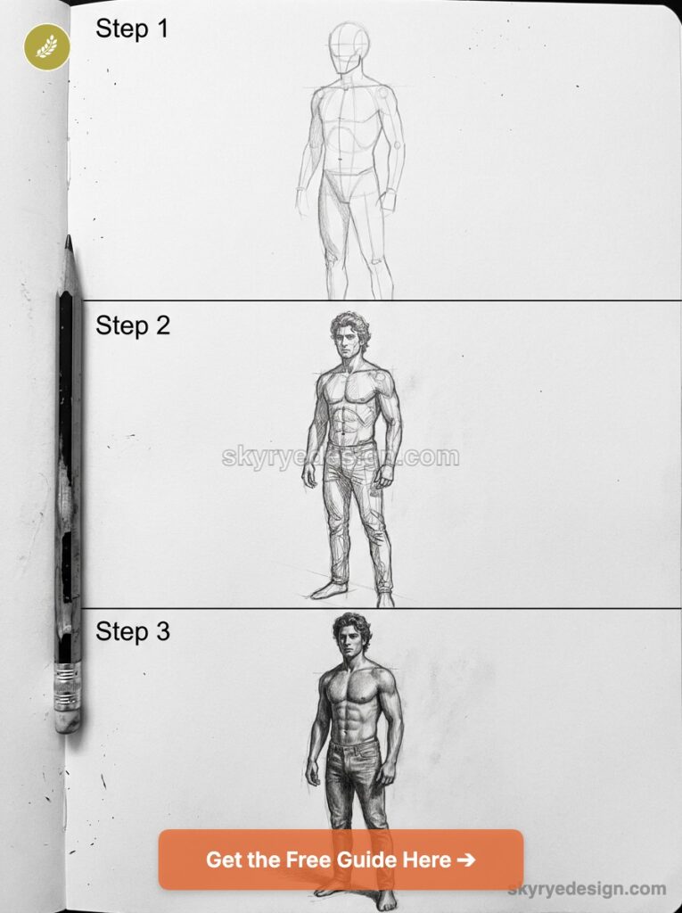 tutorial-loomis-for-full-figure-drawing 1 Three-step figure drawing tutorial: pencil sketches of male anatomy from basic mannequin to detailed muscular figure | Sky Rye Design Three-step figure drawing tutorial: pencil sketches of male anatomy from basic mannequin to detailed muscular figure