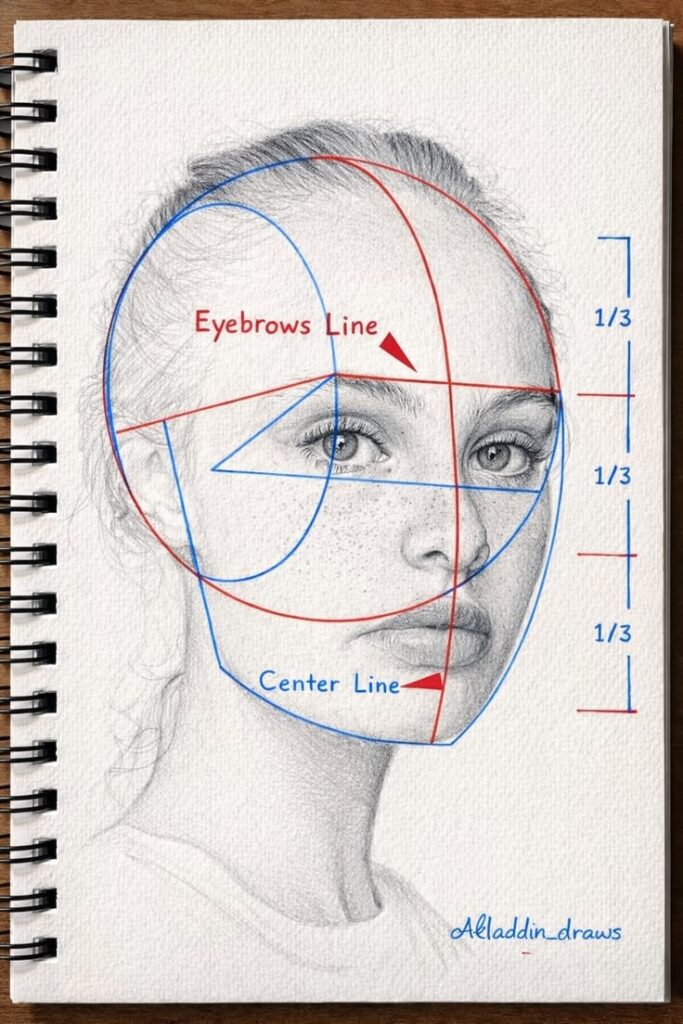 D2420745-A710-4DF2-8316-104FD493D97A Portrait pencil sketch with red and blue construction lines showing eyebrow line, center line and facial thirds. | Sky Rye Design Portrait pencil sketch with red and blue construction lines showing eyebrow line, center line and facial thirds.