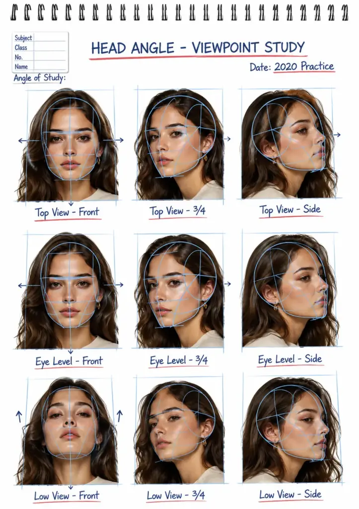 0c75b060-1071-48c3-9253-4d1eef501cc8 Head angle study: 9 annotated female portraits showing top, eye-level and low views in front, 3/4 and side angles with guide lines | Sky Rye Design Head angle study: 9 annotated female portraits showing top, eye-level and low views in front, 3/4 and side angles with guide lines