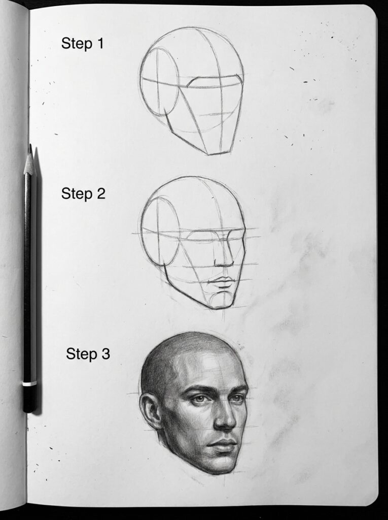 Head_drawing_tutorial_Loomis_method_202607140221 Pencil portrait tutorial: three-step head drawing progression from construction lines to realistic shading on sketchbook page | Sky Rye Design Pencil portrait tutorial: three-step head drawing progression from construction lines to realistic shading on sketchbook page