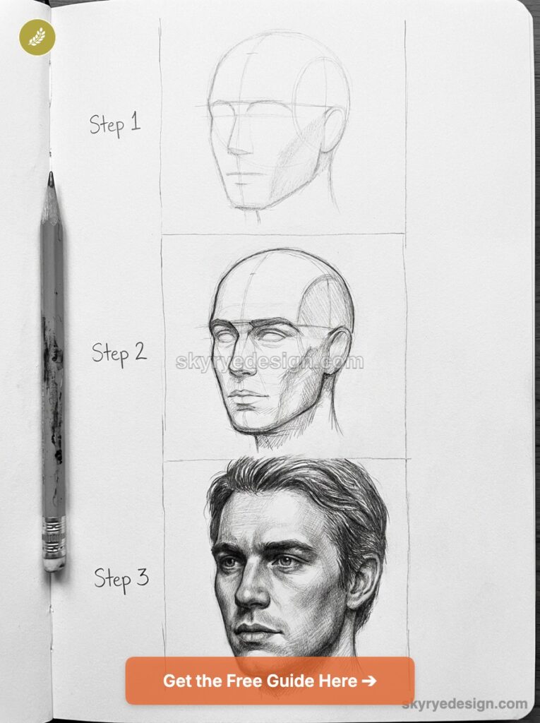 tutorial-the-3-4-view--head-with-the-loomis-method Three-step pencil portrait tutorial showing head construction, shading and finished realistic male face in a sketchbook. | Sky Rye Design Three-step pencil portrait tutorial showing head construction, shading and finished realistic male face in a sketchbook.