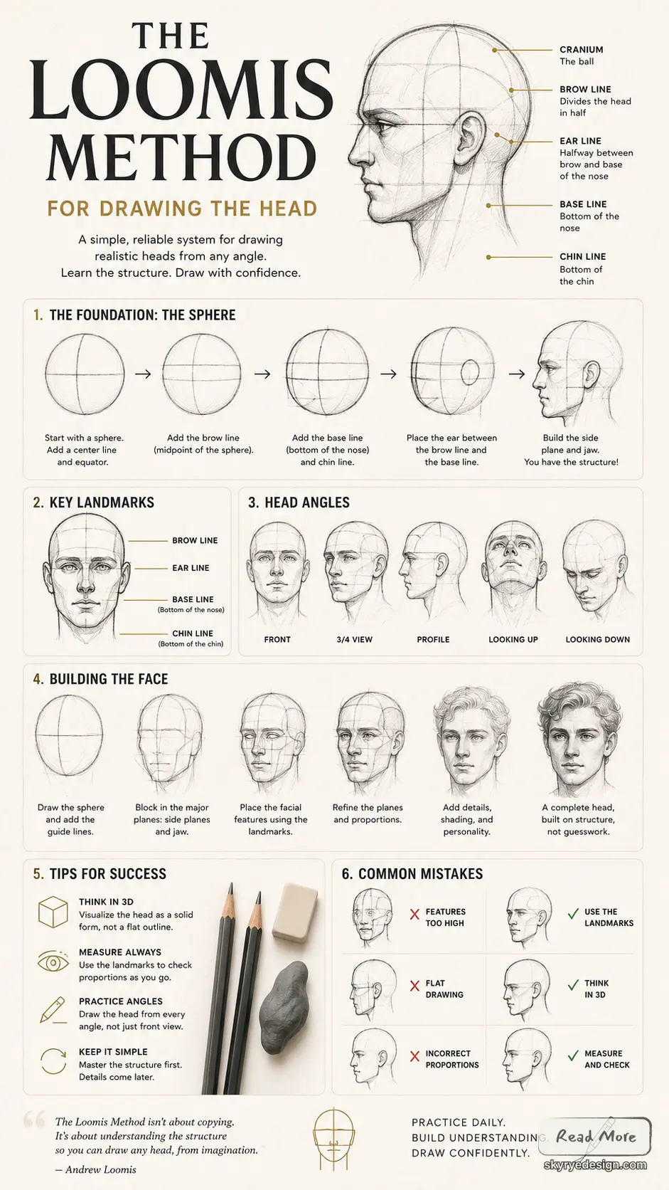 f56f9530-960e-4198-b924-d4dd9e7147ff Loomis Method infographic for drawing the head: step-by-step proportions, landmarks, angles and tips for realistic portraits. | Sky Rye Design Loomis Method infographic for drawing the head: step-by-step proportions, landmarks, angles and tips for realistic portraits.