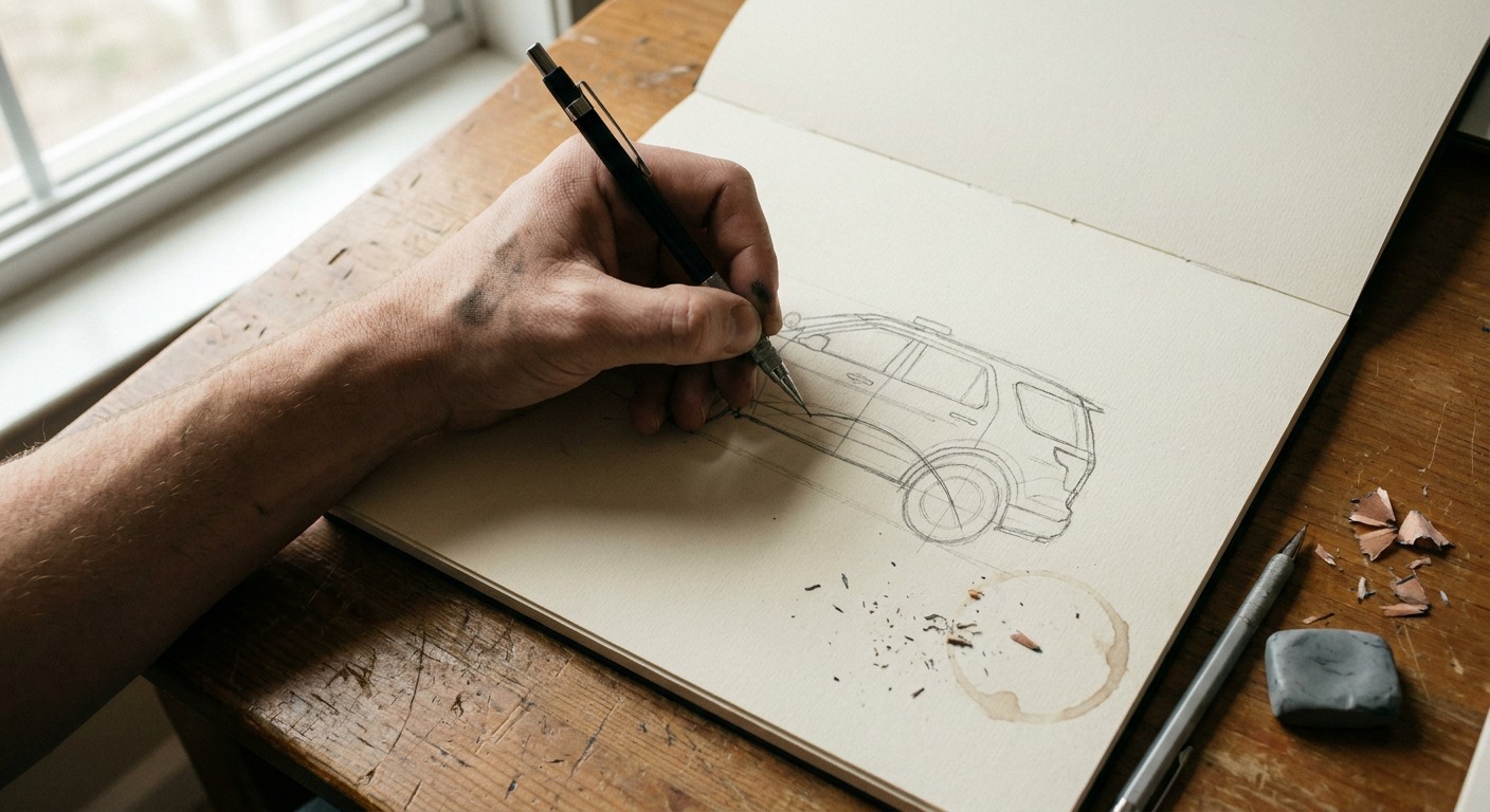 A designer sketches the wheelbase construction line for a police SUV drawing in a sketchbook.