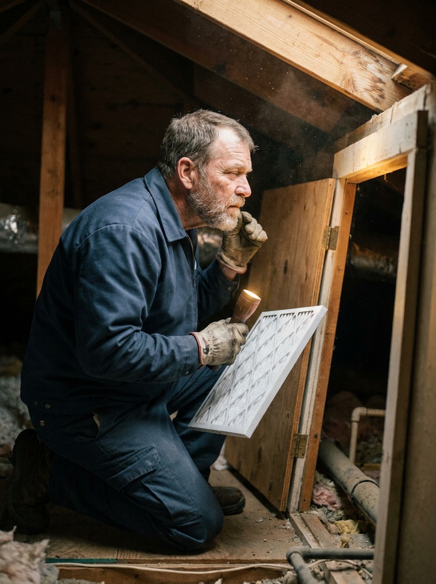 An HVAC technician kneels beside an attic access panel while replacing an air filter.