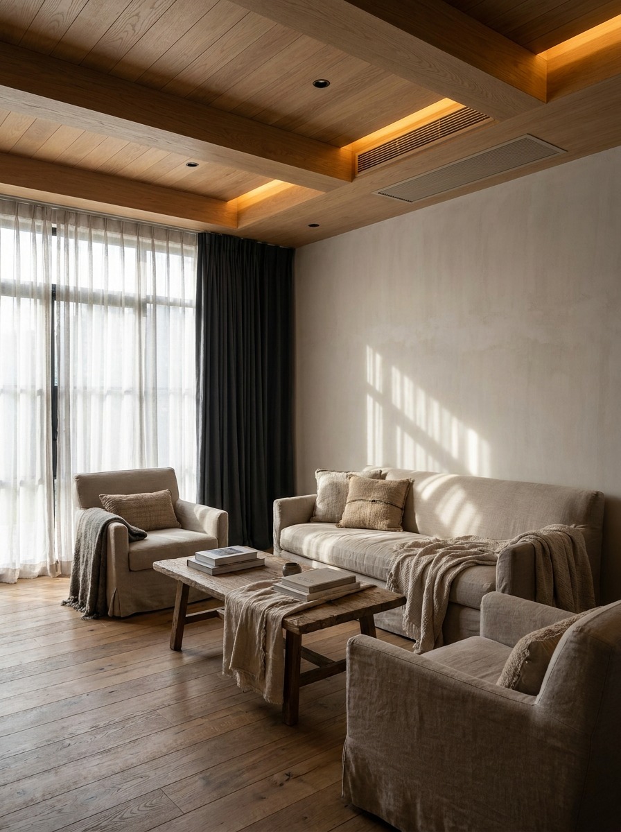 A living room with a flush ceiling supply vent coordinated with seating and window treatments.