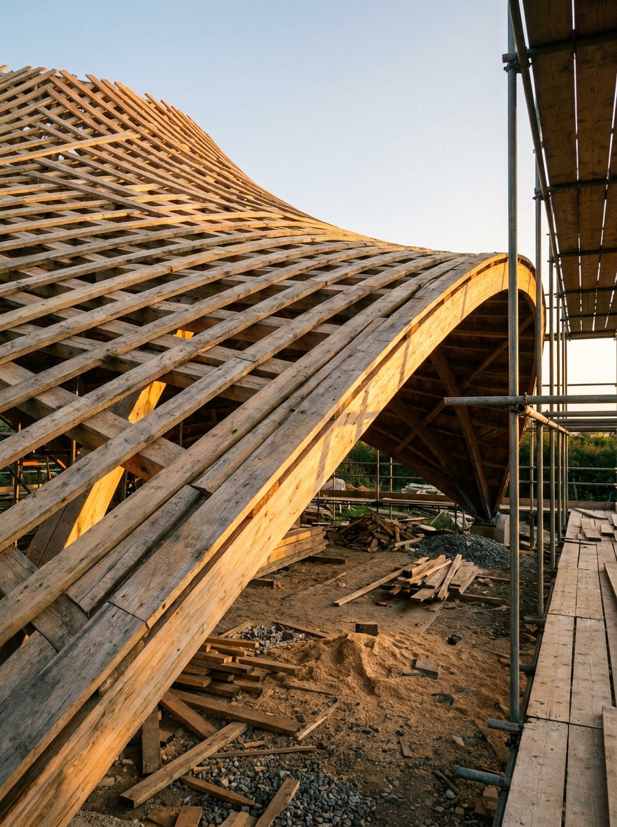 Curved hyperboloid roof under construction with straight timber ruling lines and scaffolding.
