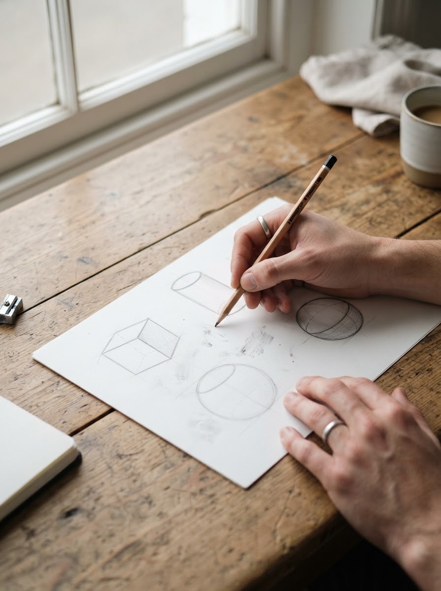 Hands sketching basic geometric shapes on white drawing paper for beginner architecture practice
