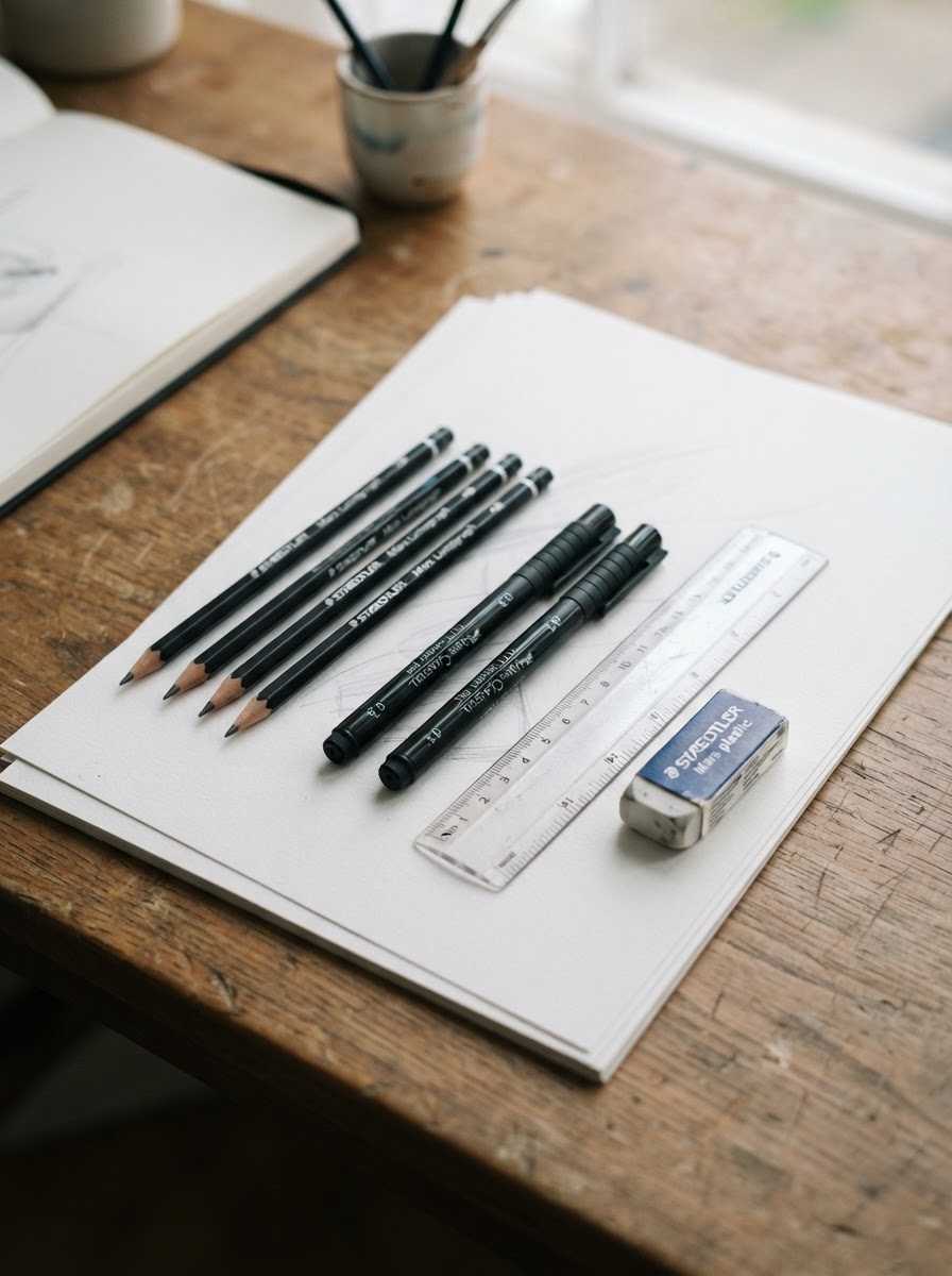 Complete architectural drawing toolkit on wooden table including graphite pencils, fine-liners, ruler and eraser