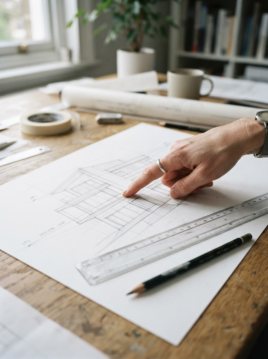 Hand pointing to vanishing points and horizon line on a perspective architectural sketch