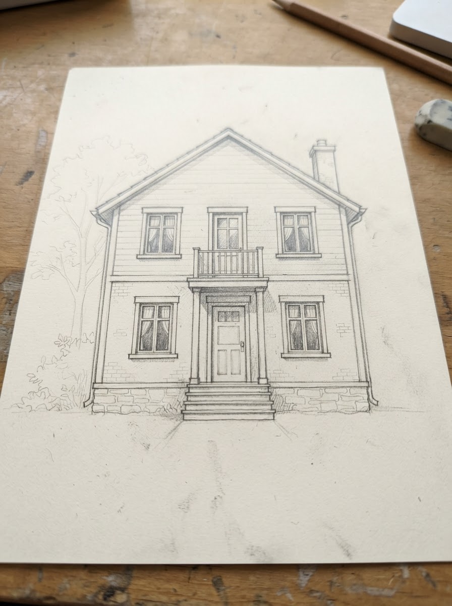 Detailed architectural sketch of a simple house facade with various graphite pencil stroke weights