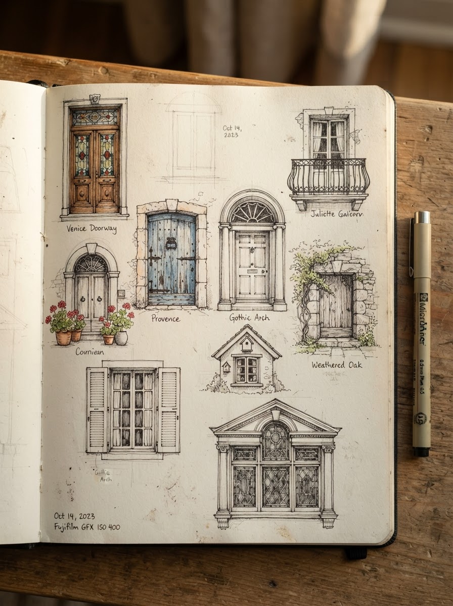 Sketchbook page with various door and window pencil sketches and ink outlines