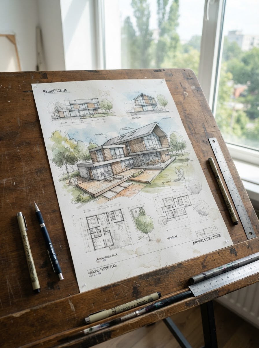 Completed architectural building sketch with shading, ink lines and subtle watercolor washes for landscape elements