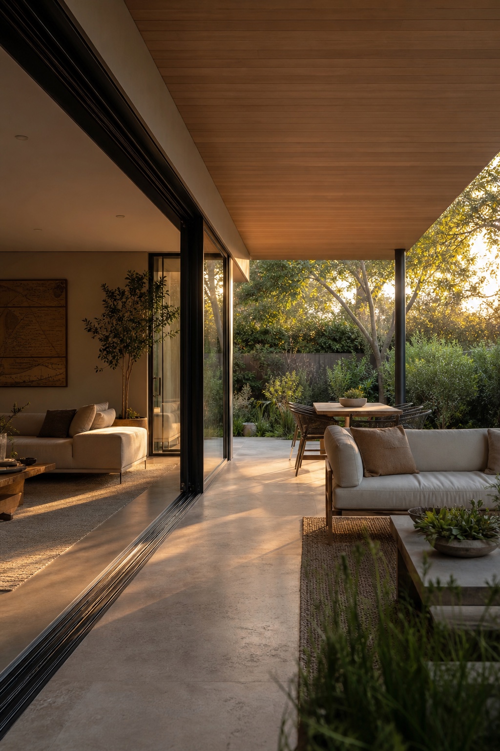 Indoor-outdoor modern home with covered patio Indoor-outdoor modern living space with sliding glass doors, covered patio, and garden seating | Sky Rye Design Indoor-outdoor modern living space with sliding glass doors, covered patio, and garden seating