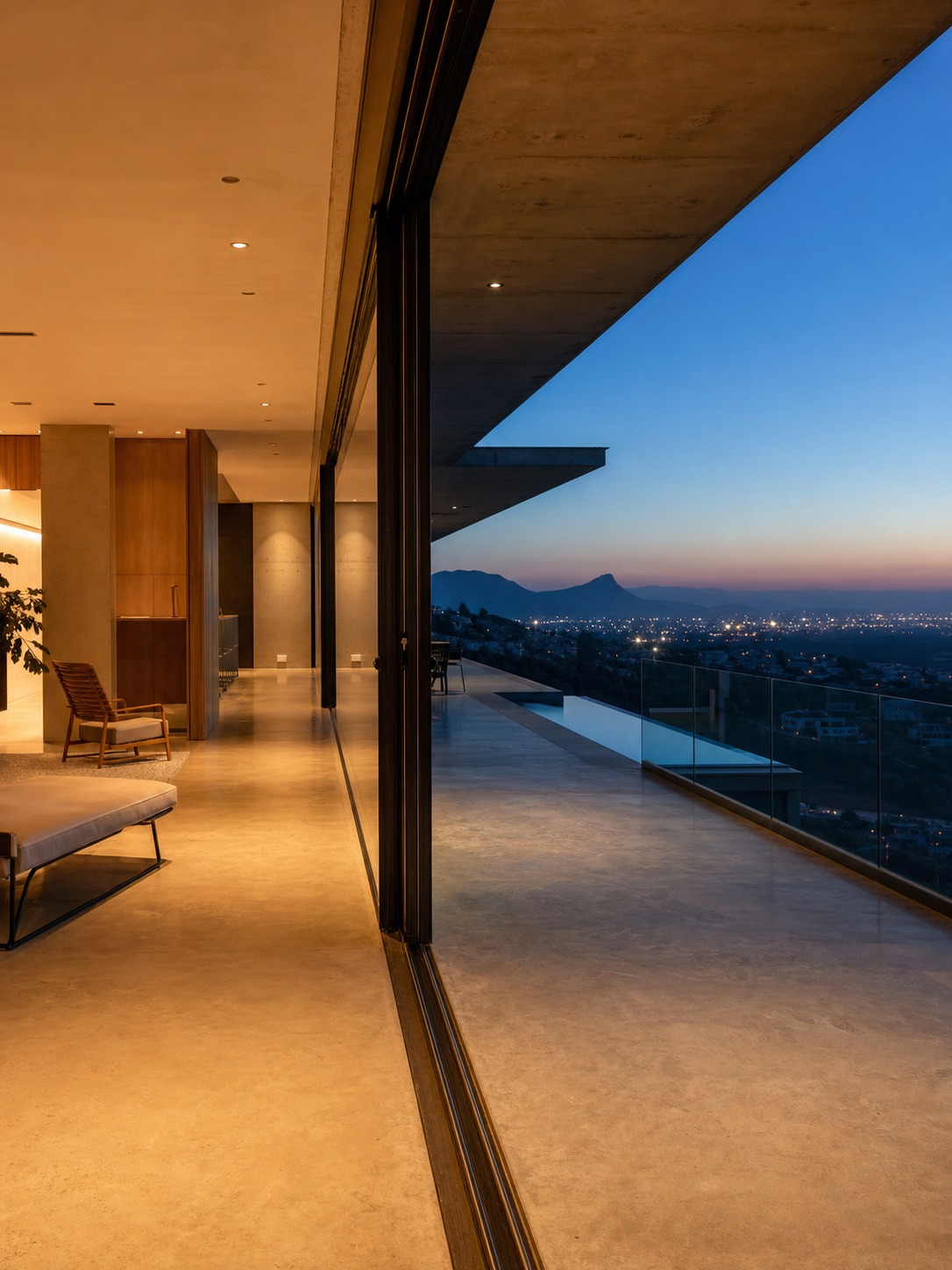 Indoor-outdoor glass wall connection to a deck View through a pivoting glass wall where polished concrete continues from the interior to a cantilevered deck | Sky Rye Design View through a pivoting glass wall where polished concrete continues from the interior to a cantilevered deck