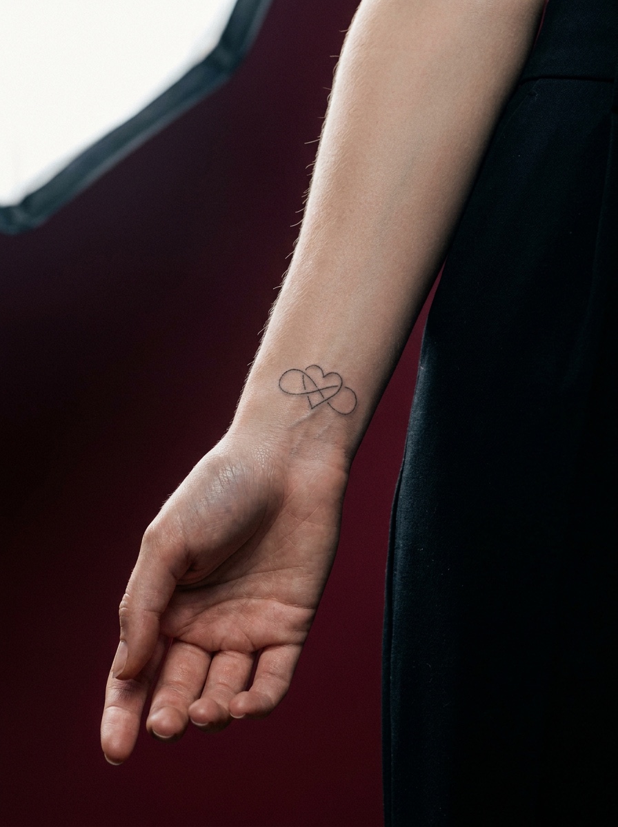 A fine-line infinity symbol integrated with a heart shape on the inner wrist
