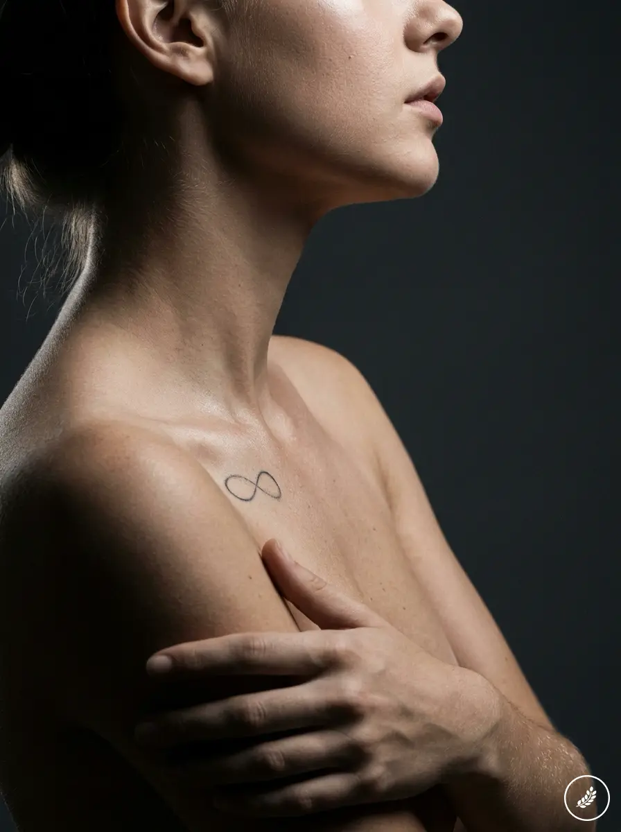 Close-up side profile of woman neck and shoulder with minimalist infinity tattoo on collarbone, hand across chest