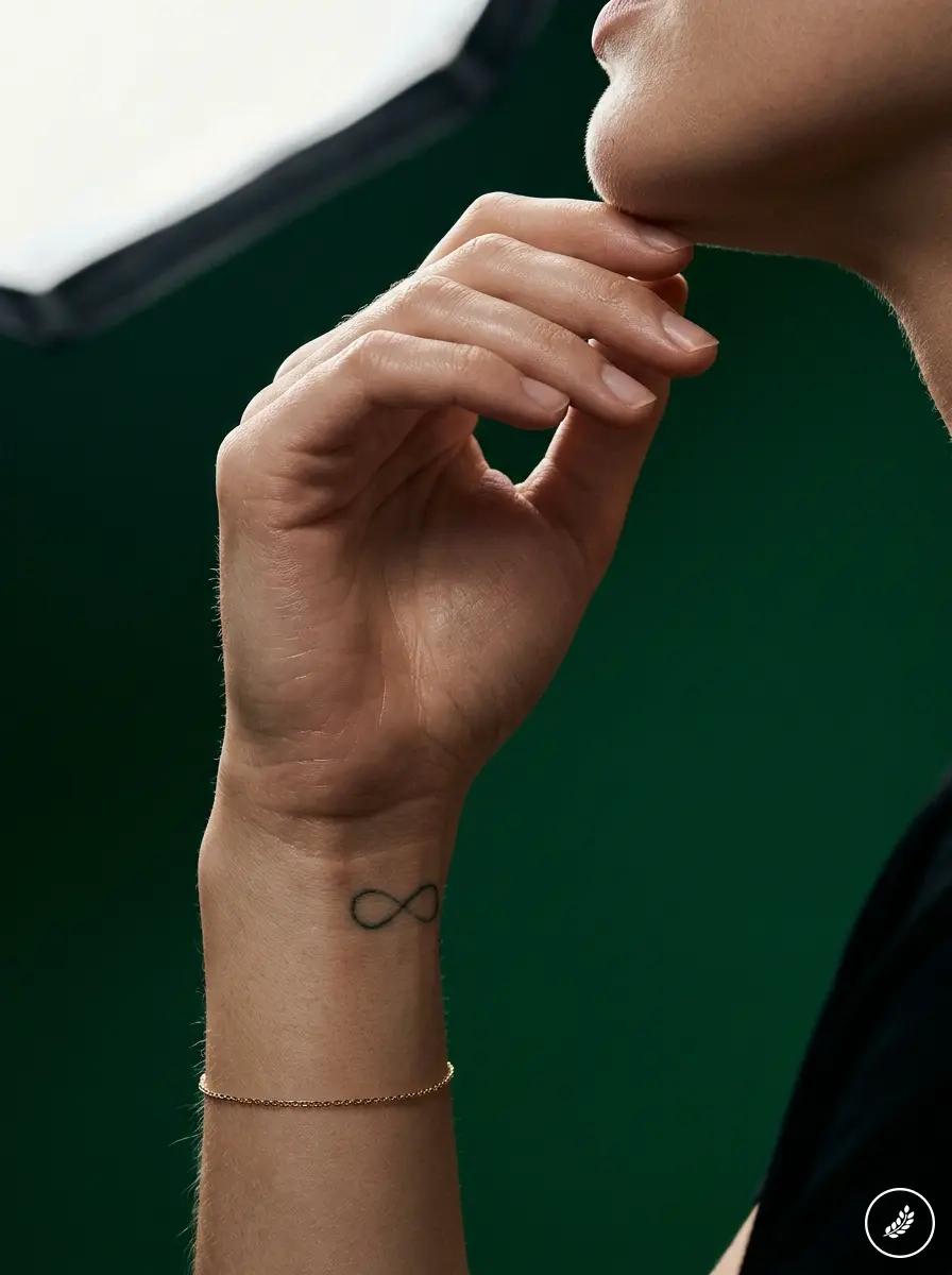 Close-up of wrist with minimalist infinity tattoo and delicate gold bracelet, hand touching chin