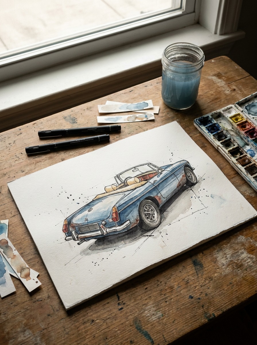 Editorial photograph of an ink and watercolor illustration of a 1960s vintage roadster on a wooden table.