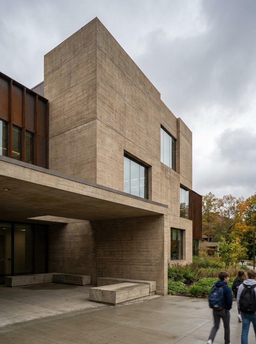 Institutional Monolithic Concrete Building Exterior Architectural photograph of a modern institutional building exterior with sculptural monolithic concrete and outdoor plaza. | Sky Rye Design Architectural photograph of a modern institutional building exterior with sculptural monolithic concrete and outdoor plaza.