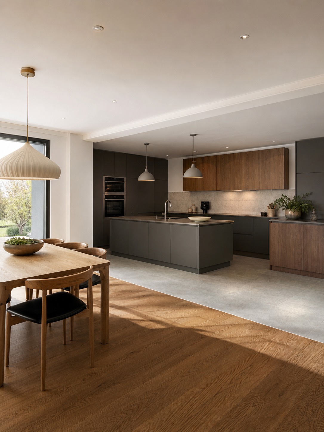 Integrated kitchen dining zone with flooring transition Kitchen dining area connected to the working kitchen with a subtle transition between warm wood and cool stone flooring. | Sky Rye Design Kitchen dining area connected to the working kitchen with a subtle transition between warm wood and cool stone flooring.