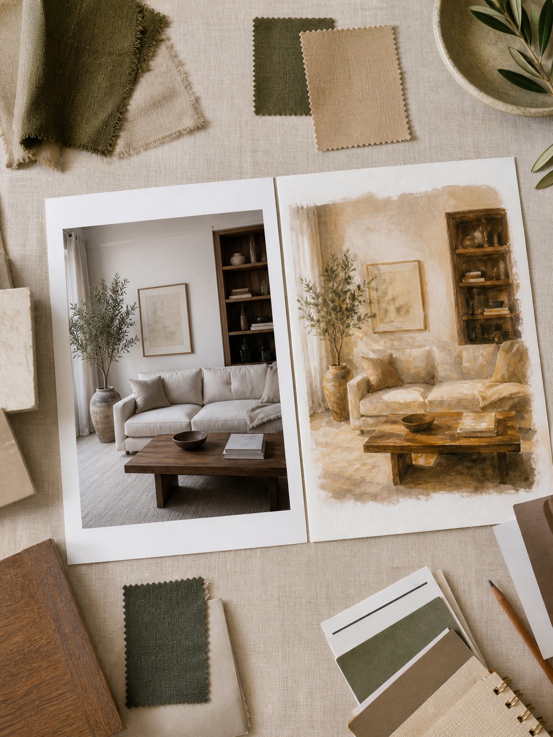 An interior mood board showing a room photo beside a warm painterly AI conversion.