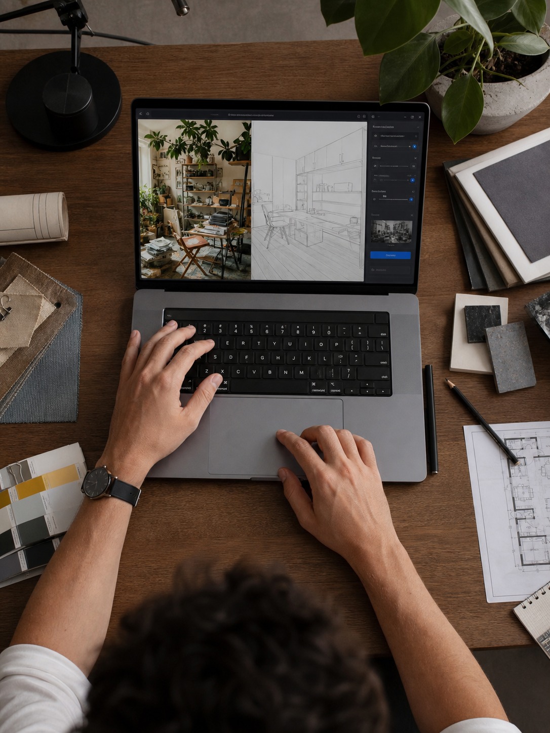 A laptop showing a cluttered interior photo converted into clean line art.