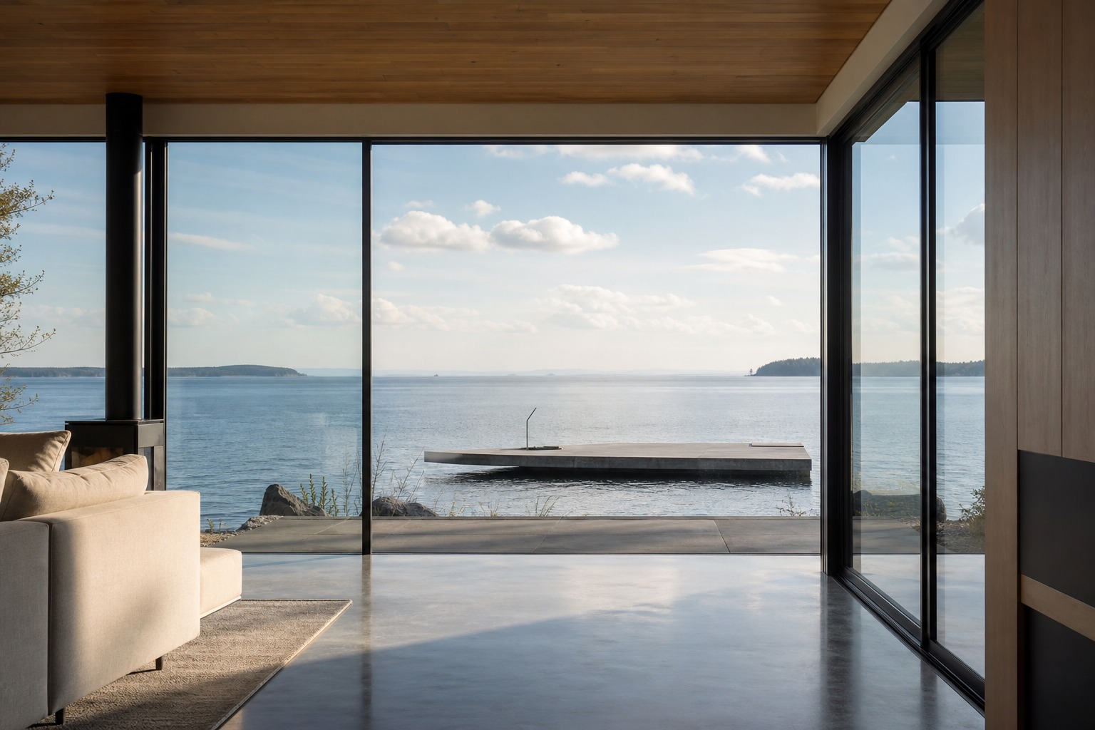 Interior view through full-height glazing toward a low floating platform and open water.
