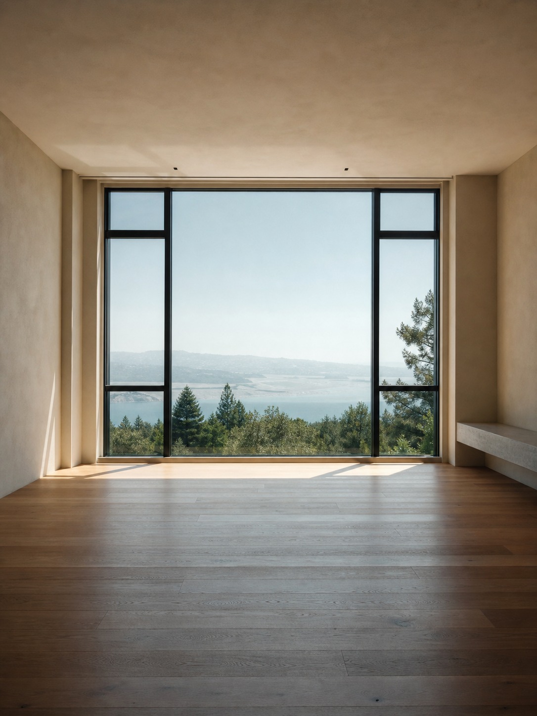 Minimal interior room with a large clear window wall expanding the sense of space through daylight.