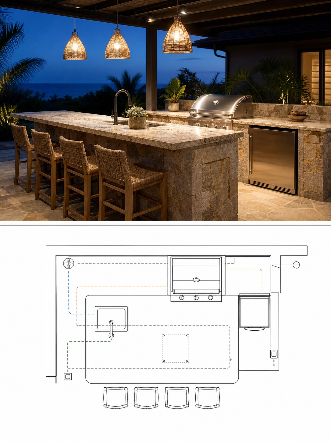 Split reference image showing an island outdoor kitchen with peninsula seating and a utility plan below.