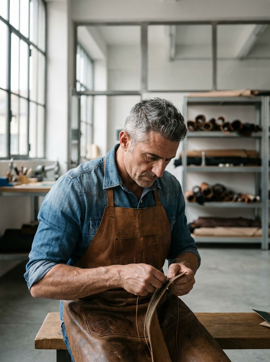 Italian leather artisan in a modern workshop Muscular Italian master leatherworker working at a bench in a sleek modern leather workshop with polished concrete and steel shelving | Sky Rye Design Muscular Italian master leatherworker working at a bench in a sleek modern leather workshop with polished concrete and steel shelving