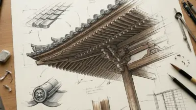 Architectural sketches of Japanese temple roof eaves, tiles and wooden joinery on a drafting table