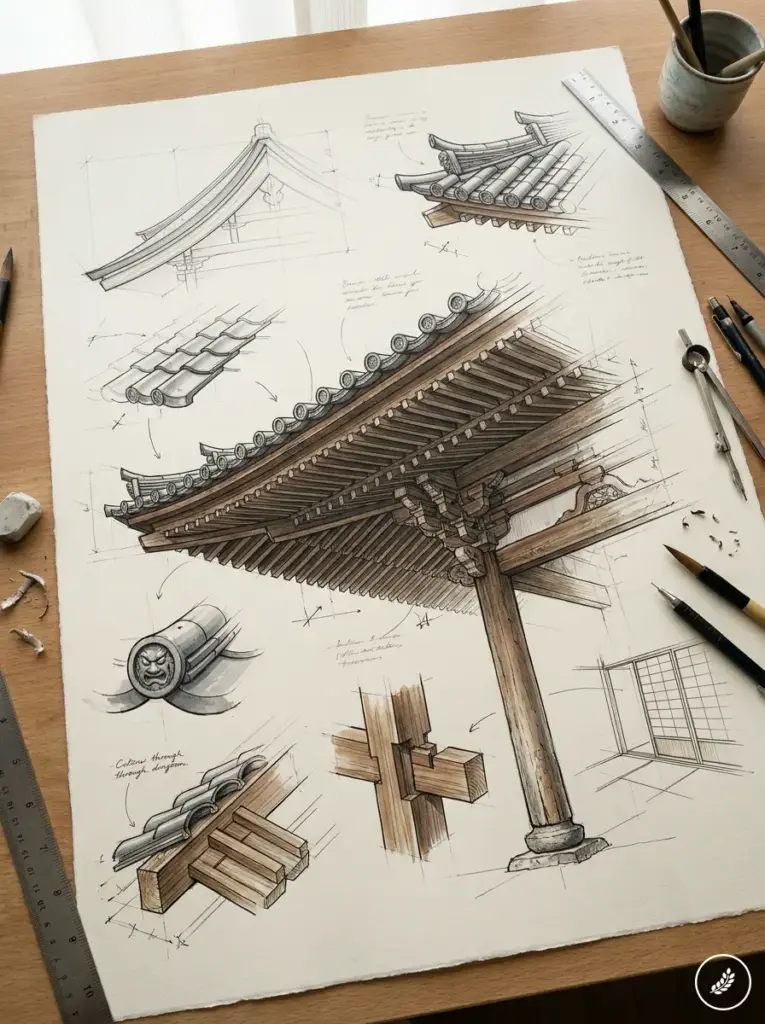 Architectural_study_sheet_drawing_202607300058 Architectural sketches of Japanese temple roof eaves, tiles and wooden joinery on a drafting table | Sky Rye Design Architectural sketches of Japanese temple roof eaves, tiles and wooden joinery on a drafting table