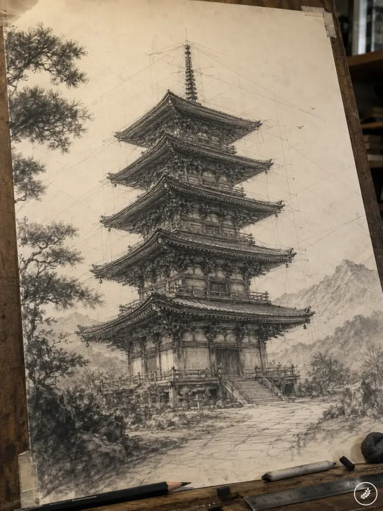 0da74bf2-6d42-4ec9-9ff6-b18aedb0e617 Pencil drawing of a tall, five-story pagoda with ornate curved roofs set in a rocky landscape with trees nearby, on an old artist’s board | Sky Rye Design Pencil drawing of a tall, five-story pagoda with ornate curved roofs set in a rocky landscape with trees nearby, on an old artist’s board