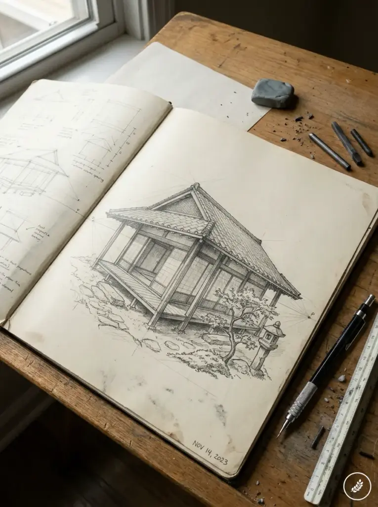 Architect_sketchbook_drawing_Jap_2026073000571 Architectural pencil sketch of traditional Japanese house in open sketchbook on wooden desk with pencil, ruler, eraser | Sky Rye Design Architectural pencil sketch of traditional Japanese house in open sketchbook on wooden desk with pencil, ruler, eraser