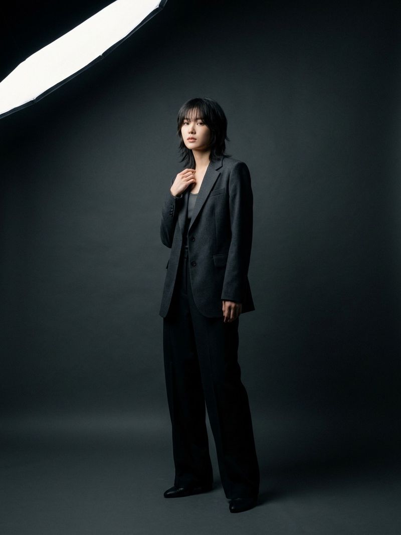 K-pop-inspired layered shag haircut full length Full-length shot of a model with a K-pop-inspired layered shag haircut wearing minimalist tailored streetwear | Sky Rye Design Full-length shot of a model with a K-pop-inspired layered shag haircut wearing minimalist tailored streetwear