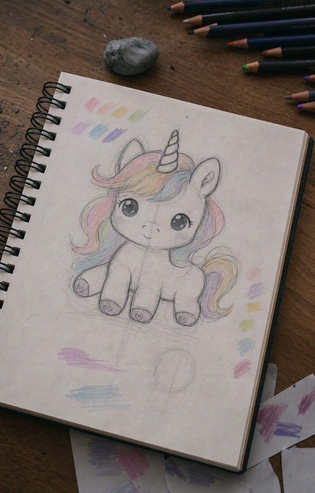 Kawaii unicorn sketchbook color test Cute kawaii unicorn drawing in a sketchbook with pastel color tests, rounded shapes, big eyes, and faint pencil guides. | Sky Rye Design Cute kawaii unicorn drawing in a sketchbook with pastel color tests, rounded shapes, big eyes, and faint pencil guides.