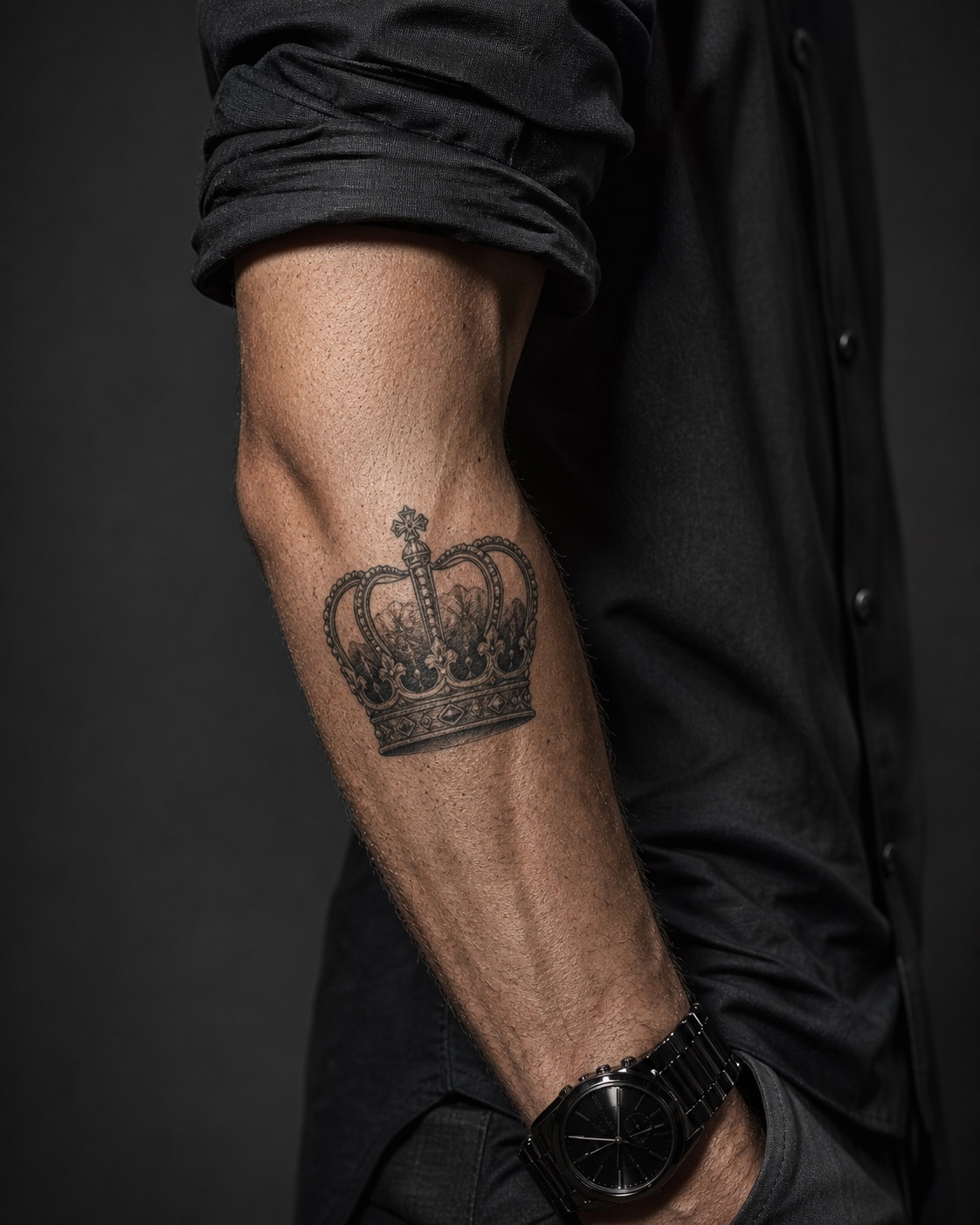King crown forearm tattoo Black and grey king crown tattoo on a forearm with realistic healed shading. | Sky Rye Design Black and grey king crown tattoo on a forearm with realistic healed shading.