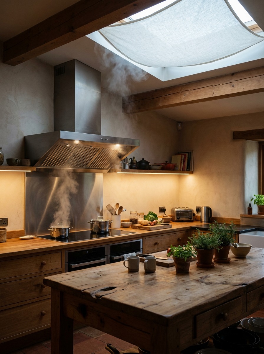 A kitchen with an active range hood, subtle steam, under-cabinet light, and a shaded skylight.